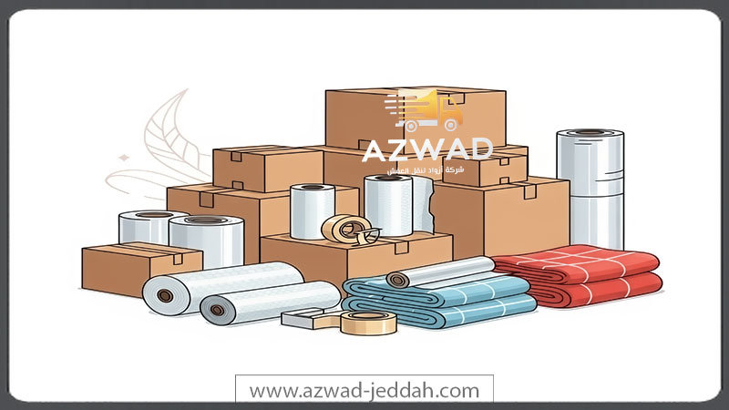 مجموعة منظمة من مواد التغليف الأساسية لنقل العفش، تشمل الصناديق ولفائف الفقاعات