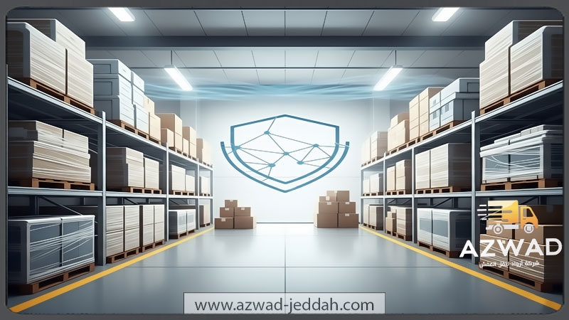 مستودع تخزين عفش نظيف وآمن يضم أثاثاً مغلفاً ومنظماً